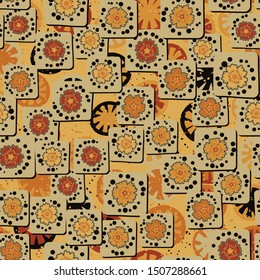Seamless pattern. Carnation flowers drawn on square cards are randomly arranged on a background of a texture consisting of lemon-like figures. Colors of rusty metal. Editable.