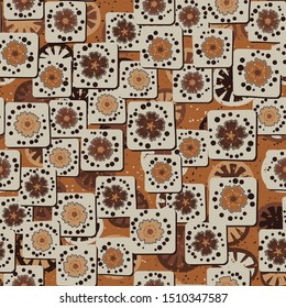 Seamless pattern. Carnation flowers drawn on square cards are randomly arranged on a background of a texture consisting of lemon-like figures. Colors of rusty metal. Editable.