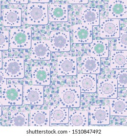 Seamless pattern. Carnation flowers drawn on square cards are randomly arranged on a background of texture consisting of small circles, squares and stars. Vacation colors. Editable.