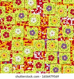 Seamless pattern. Carnation flowers drawn on square cards are randomly located on the background of color pixel camouflage. Summer colors. Editable.