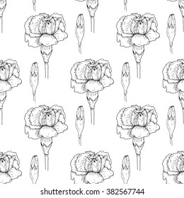 Seamless pattern of carnation flowers. Hand drawn inky floral texture. Monochrome background with carnation flowers and buds. 