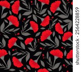 Seamless pattern of carnation flowers on a black background. Red flowers on black. Vector.