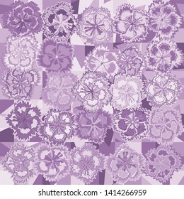 Seamless pattern. Carnation flowers on a plaid background with randomly scribbled triangles. Motley texture.
