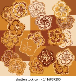 Seamless pattern. Carnation flowers on a plaid background. Motley texture.