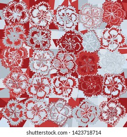 Seamless pattern. Carnation flowers on a plaid background with randomly scribbled triangles. Motley texture.