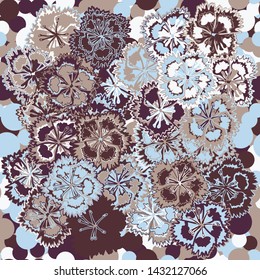 Seamless pattern. Carnation flowers on the background with the inclusion of randomly scattered circles. Motley texture.