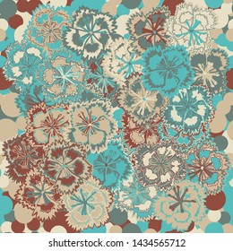 Seamless pattern. Carnation flowers on the background with the inclusion of randomly scattered circles. Motley texture.