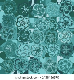 Seamless pattern. Carnation flowers on a plaid background with randomly scribbled triangles. Motley texture.