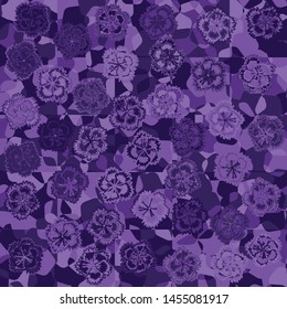 Seamless pattern. Carnation flowers on a plaid background with chaotically scribbled pentads. Motley texture.