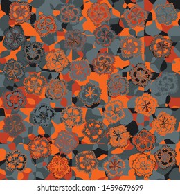 Seamless pattern. Carnation flowers on a plaid background with chaotically scribbled pentads. Motley texture.