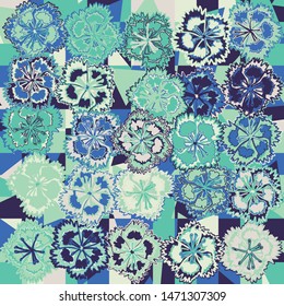 Seamless pattern. Carnation flowers on a plaid background with randomly scribbled triangles. Motley texture.