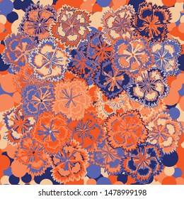 Seamless pattern. Carnation flowers on the background with the inclusion of randomly scattered circles. Motley texture.