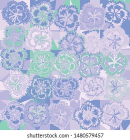 Seamless pattern. Carnation flowers on a plaid background with randomly scribbled triangles. Motley texture.