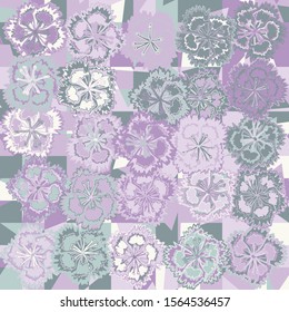 Seamless pattern. Carnation flowers on a plaid background with randomly scribbled triangles. Motley texture.