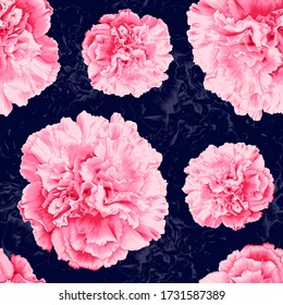 Seamless pattern Carnation flowers on dark blue background.Vector illustration line art drawing fabric design.