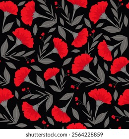 Seamless pattern of carnation flowers on a black background. Red flowers on black. Vector.