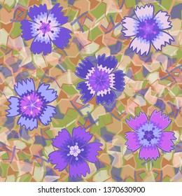 Seamless pattern. Carnation flowers are randomly arranged against the background of a marble texture. Bright colours. Editable.