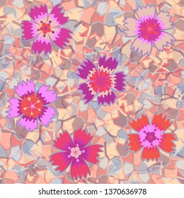 Seamless pattern. Carnation flowers are randomly arranged against the background of a marble texture. Bright colours. Editable.