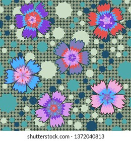 Seamless pattern. Carnation flowers are randomly arranged on a background of checkered texture and star-shaped blots. Bright colours. Editable.