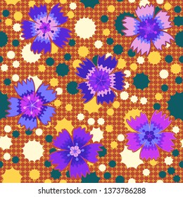Seamless pattern. Carnation flowers are randomly arranged on a background of checkered texture and star-shaped blots. Bright colours. Editable.