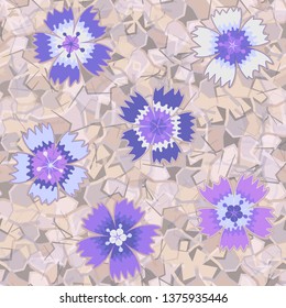 Seamless pattern. Carnation flowers are randomly arranged against the background of a marble texture. Bright colours. Editable.