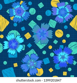 Seamless pattern. Carnation flowers are randomly arranged against a checkered texture and shaded circles and squares scattered on it. Bright colours. Editable.