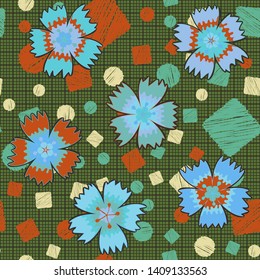 Seamless pattern. Carnation flowers are randomly arranged against a checkered texture and shaded circles and squares scattered on it. Bright colours. Editable.