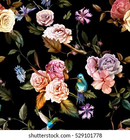 Seamless pattern of carnation flowers, roses, peony,  leaves, cornflowers and humming bird on  black. Vintage style. Vector stock