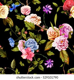 Seamless pattern of carnation flowers, roses, peony,  leaves, cornflowers on  black. Vintage style. Rose, peony, carnation, cornflower. Vector stock