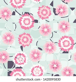 Seamless pattern. Carnation flowers scattered on a leafy-checkered background.
