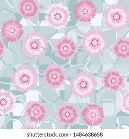 Seamless pattern. Carnation flowers scattered on a leafy-checkered background.