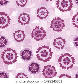 Seamless pattern. Carnation flowers scattered on a leafy-checkered background.