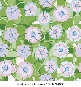 Seamless pattern. Carnation flowers scattered on a leafy-checkered background.