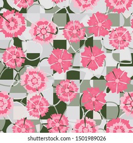 Seamless pattern. Carnation flowers scattered on a leafy-checkered background.