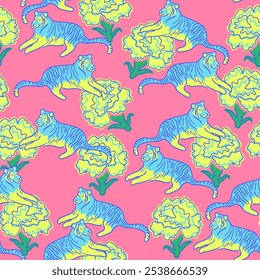 seamless pattern with carnation flowers and tigers in doodle style in vector. element for decor postcard poster design print wallpaper wrapping background textile