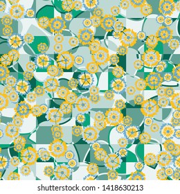 Seamless pattern. Carnation inflorescences scattered on a leafy-checkered background.