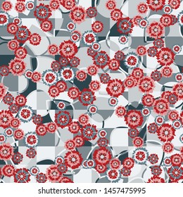 Seamless pattern. Carnation inflorescences scattered on a leafy-checkered background.