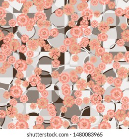 Seamless pattern. Carnation inflorescences scattered on a leafy-checkered background.