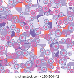 Seamless pattern. Carnation inflorescences scattered on a leafy-checkered background.