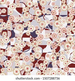 Seamless pattern. Carnation inflorescences scattered on a leafy-checkered background.