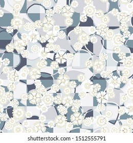Seamless pattern. Carnation inflorescences scattered on a leafy-checkered background.
