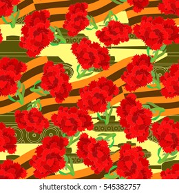 seamless pattern Carnation Tank Defender of the Fatherland Day on yellow.  vector illustration