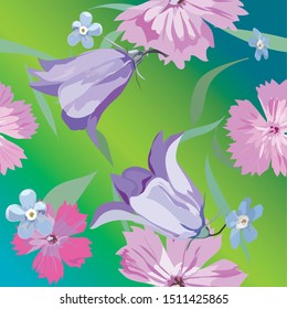 Seamless - pattern, carnations, bells, forget-me-nots. Wildflowers. Wallpaper, print. 
Yellow-green background, gradient.