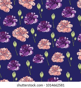 Seamless pattern carnations flowers. Floral background, wallpaper, wrapping, packing paper. Elegance pattern with realistic pink and purple flowers. Vintage vector illustration, eps 10