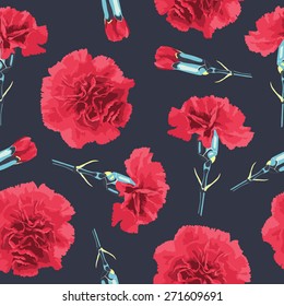 Seamless pattern carnations flowers. Floral background, wallpaper,  wrapping, packing paper. Elegance pattern with realistic red flowers. Vintage vector illustration, eps 10