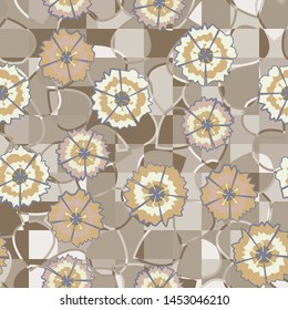 Seamless pattern. Carnations on a background of checkered texture with leaves. Gray, brown, beige, blue colors.