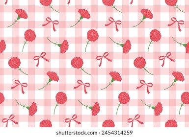 seamless pattern with carnations, ribbons and gingham plaid for greeting cards, flyers, social media wallpapers, etc. 