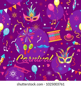 Seamless pattern with Carnival Celebration Party.Carnival elements with drums, horns, maracas, masks and other festival objects.Vector illustration.