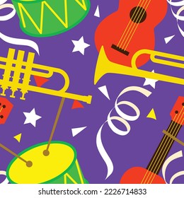 Seamless pattern with carnival elements. Ukulele, musical trumpet, drum, serpentine. Vector illustration.