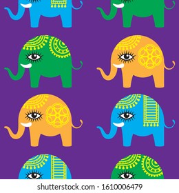 Seamless pattern of carnival elephants on purple isolated background. Vector image eps 10